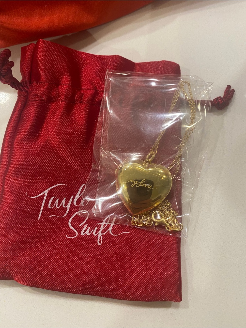 Taylor Swift Gold Heart Locket Necklace with Red Drawstring Pouch